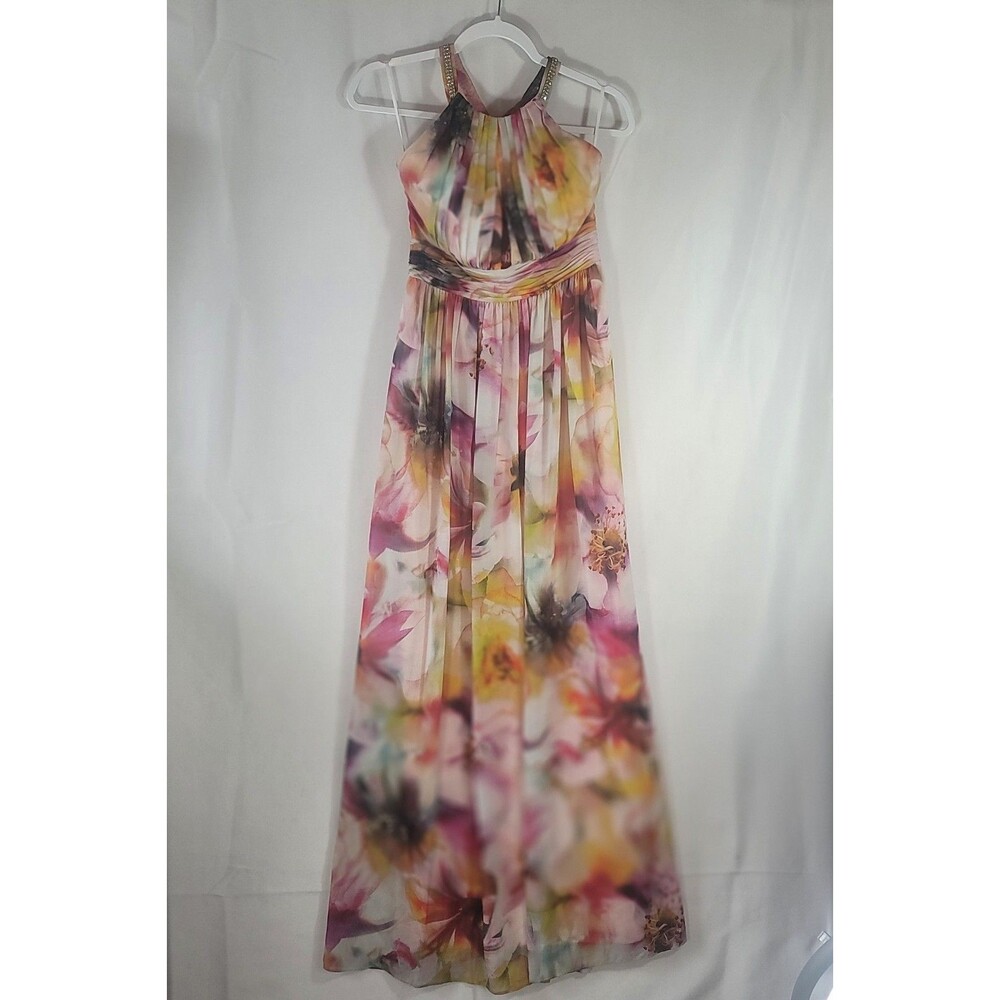 Vintage Caché Multicolor Watercolor Floral Chiffon Halter Maxi Gown Empire 2
